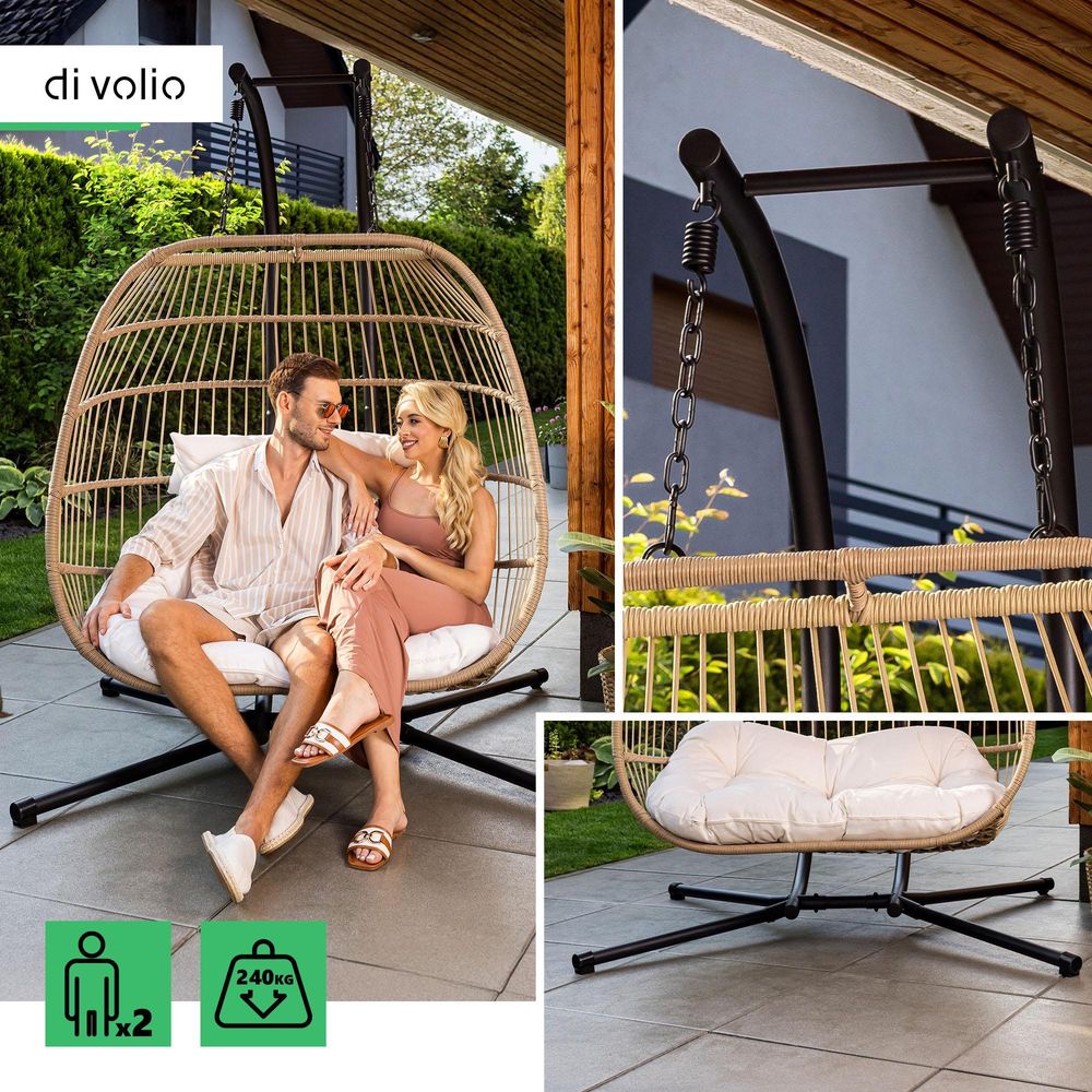 di volio Hängesessel mit Gestell RONA beige, Hängestuhl für 2 Personen, Hängeschaukel für Indoor & Outdoor, bis 200 kg belastbar, inkl. Kissen, Haus & Garten
