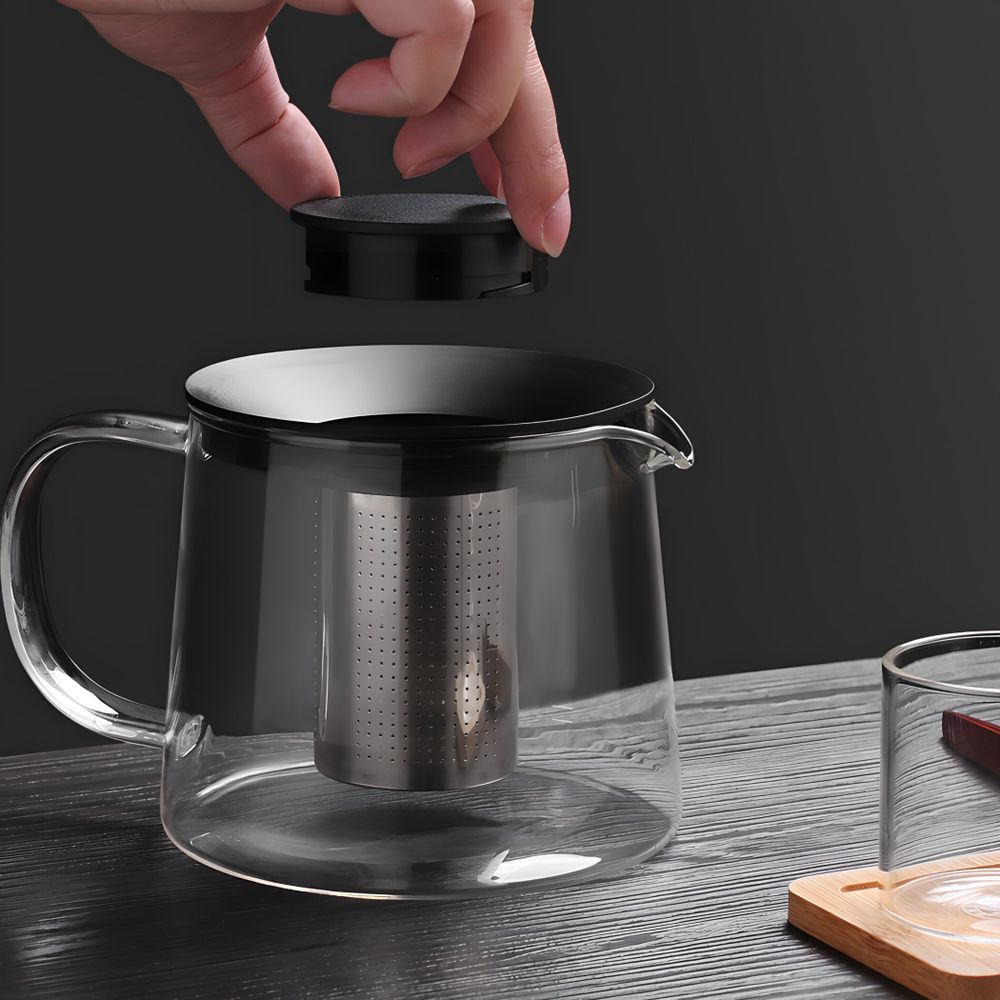 Glas Teekanne 1,50 l 1500 ml mit Edelstahlsieb Glaskanne Teebereiter Siebeinsatz Hitzebeständige Ergonomisch Tee Saft BPA-frei Schwarz Retoo