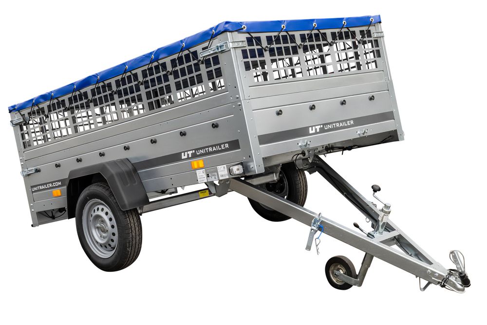 Pkw Transport Anhänger 230x125 Garden Trailer 230 KIPP mit Laubgitteraufsatz, blauer Flachplane, Planenträgern und Stützrad