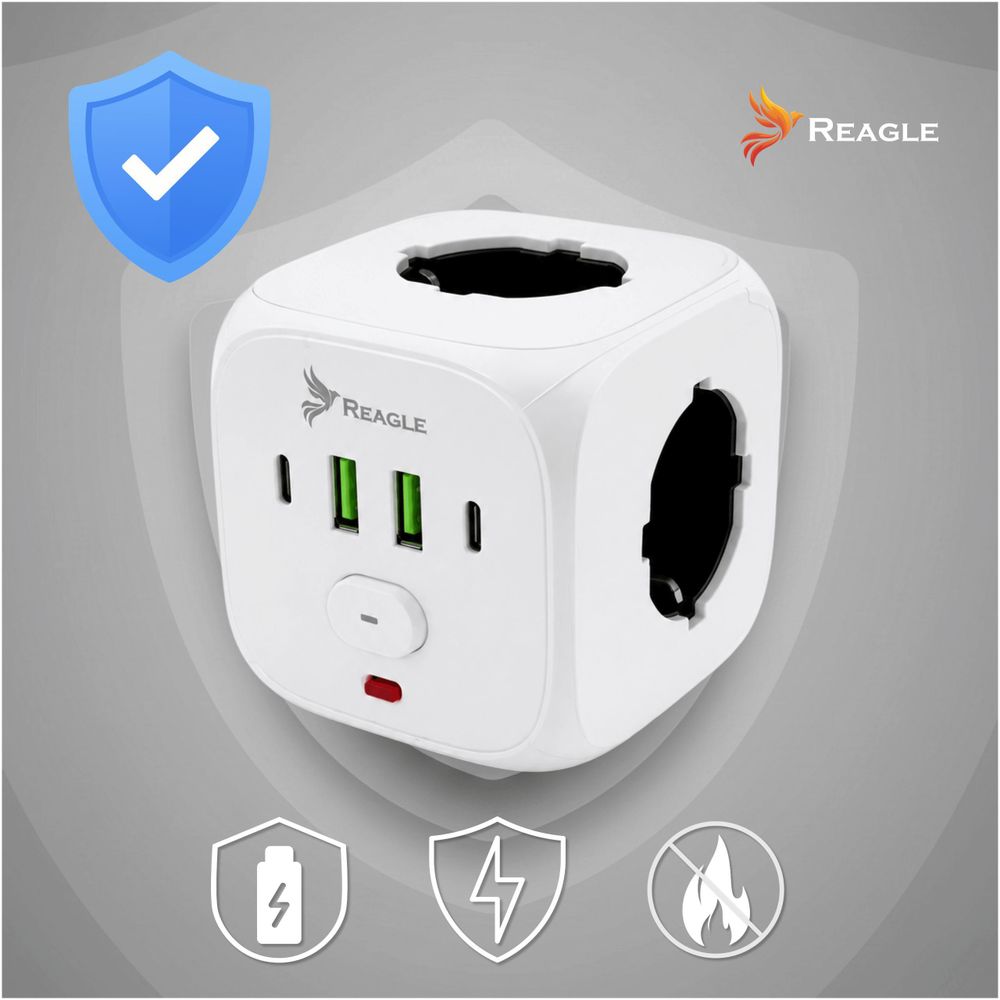 Reagle Cube Steckdosenleiste Würfel 3-fach & 4 USB (2x USB-A, 2x USB-C), Mehrfachsteckdose 7-in-1 mit Schalter, Überlastschutz 2500W