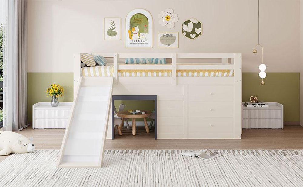 Merax Etagenbett 90x200 mit Rutsche, Kinderbett mit 3 Schubladen & 2 Hohl Türen, Jugendbett aus Holz, niedriges Stockbett, Creme