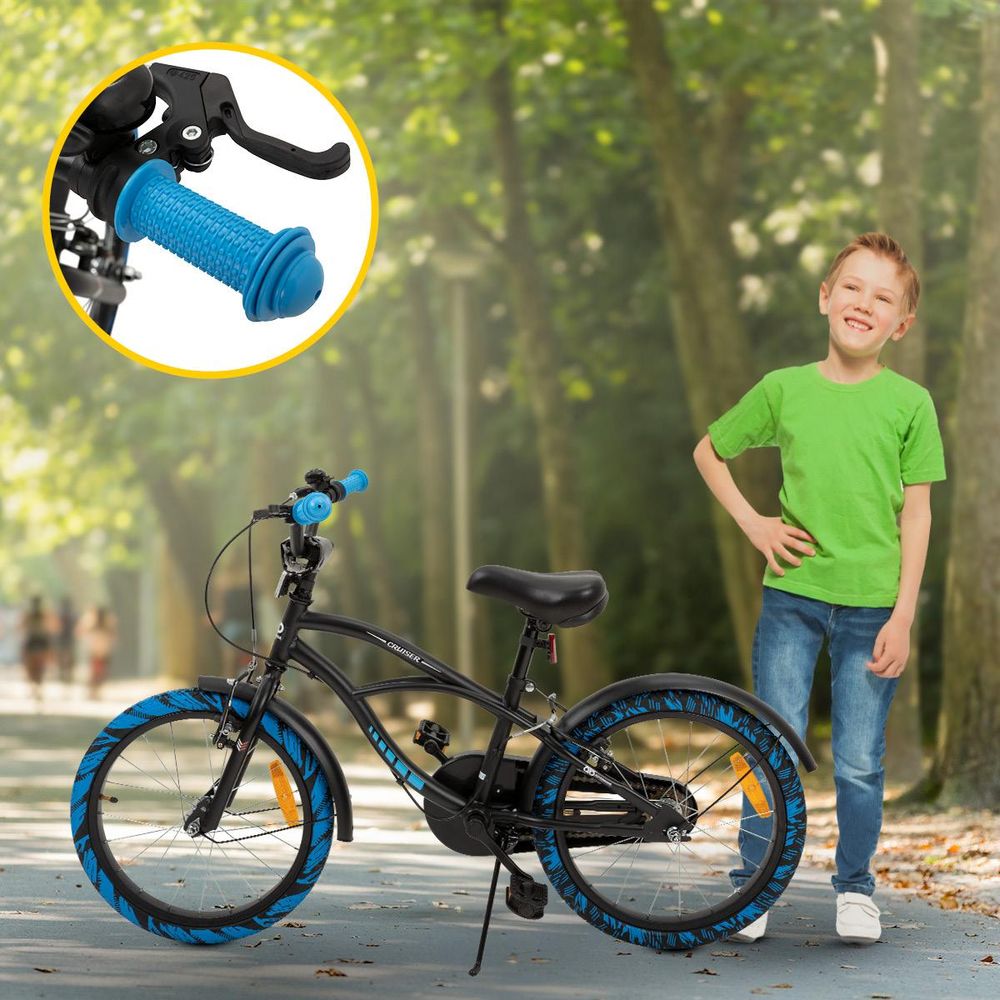 Actionbikes Kinderfahrrad Cruiser 18 Zoll | Kinder Jugend Fahrrad - V-Brake Bremsen - Kettenschutz - Seitenständer - 5-8 Jahre (Schwarz/Blau)