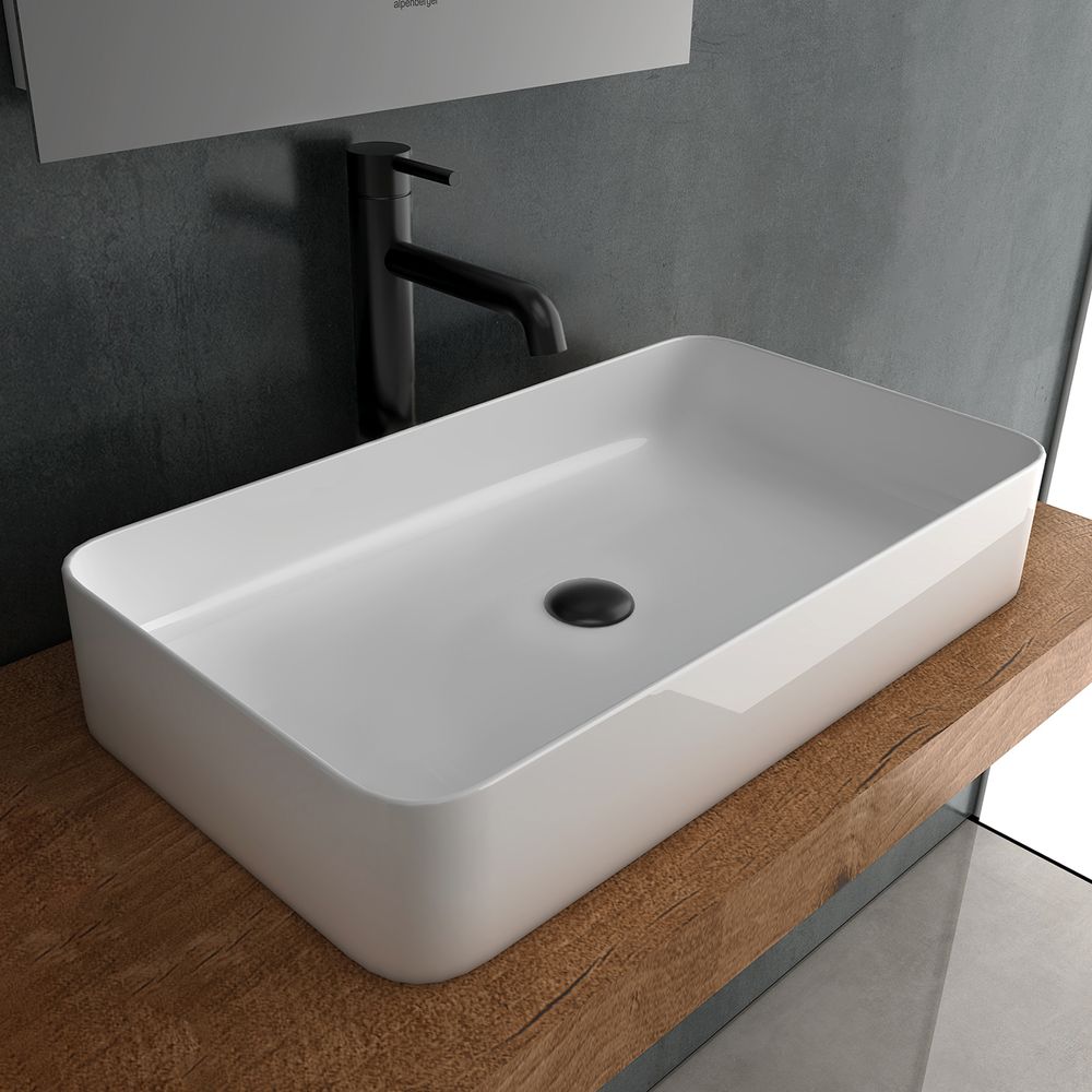 Alpenberger Aufsatzwaschbecken 60 cm Breit mit Nano Beschichtet | Sauberes Keramik Waschbecken Eckig | Waschtisch ohne Hahnloch für Bad & Gäste-WC | Design Aufsatz-Waschschale Modern ohne Überlauf