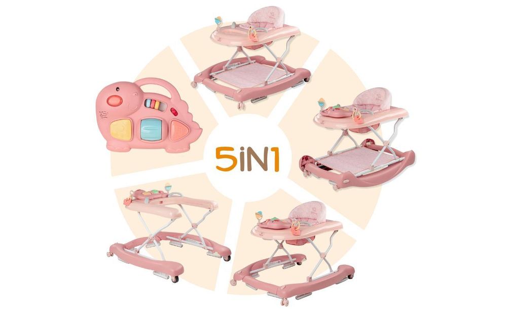 BRONEA® 5-in-1 Babywalker Gehfrei | Lauflernhilfe mit Schaukelfunktion, Musik & Licht | Laufhilfe für Baby ab 6 Monate | Höhenverstellbar | Klappbar | Rosa