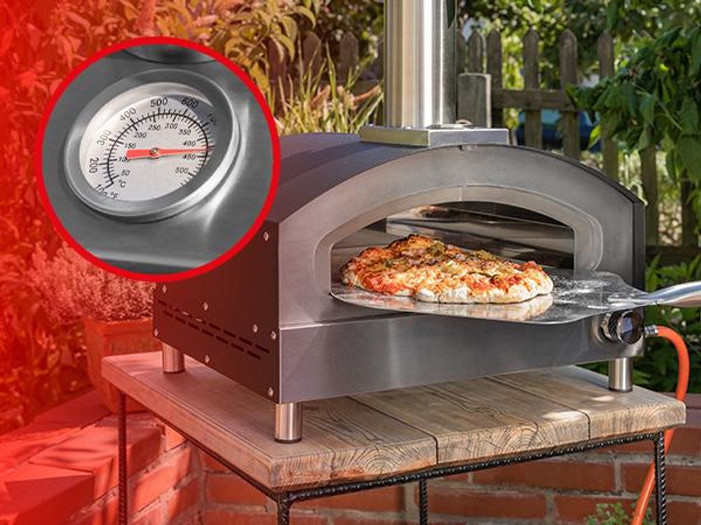Heidenfeld Gas Pizzaofen Venezia | Pizzastein Cordierit - bis zu 500° C - Edelstahl - Pizza Maker - Outdoor Ofen - Thermometer - Steinofen - Silber