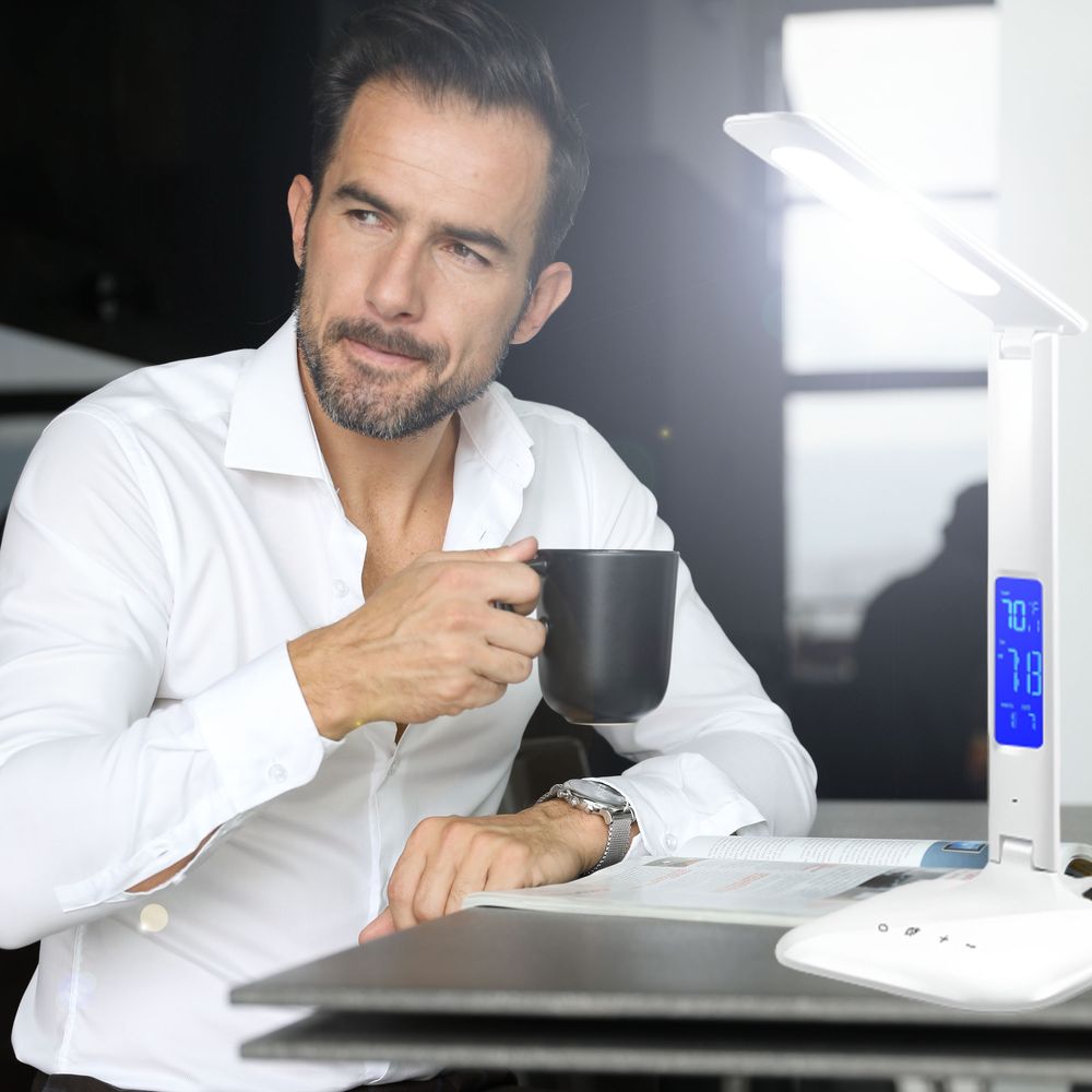 LED Schreibtischleuchte mit Thermometer und Uhr Schreibtischlampe Tischleuchte Leselampe Nachttischlampe Nachttischlampe Tischlampe Bürolampe Weiß Retoo