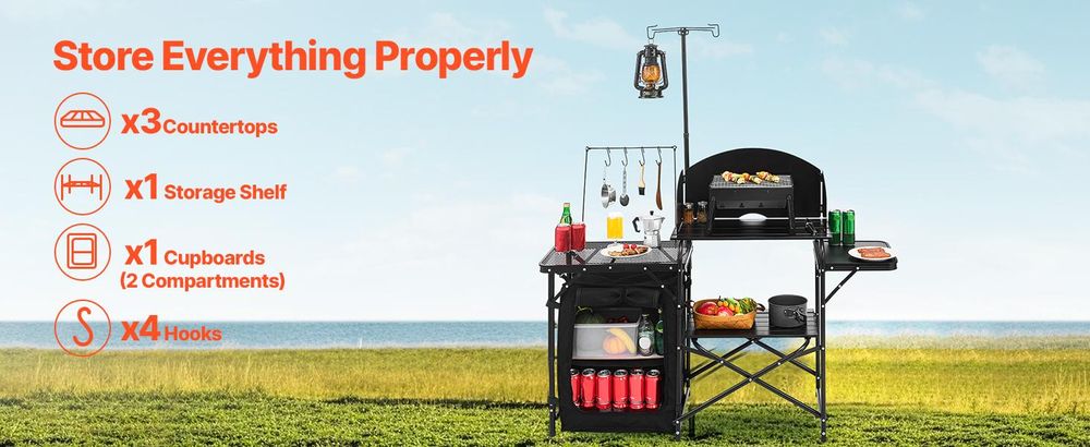 VEVOR Camping Küchentisch Outdoor Kochtisch, tragbare Kochstation aus Aluminium mit Lagerschrank & Tragetasche, & abnehmbarer Windschutzscheibe, für Grillpartys Picknicks Wohnmobilreisen, schwarz