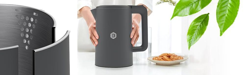 Balter Wasserkocher Edelstahl 1,7L, 2200W, BPA-frei, LED-Beleuchtung, Doppelwand, Teekessel mit Abschaltautomatik, Trockenlaufschutz, Grau