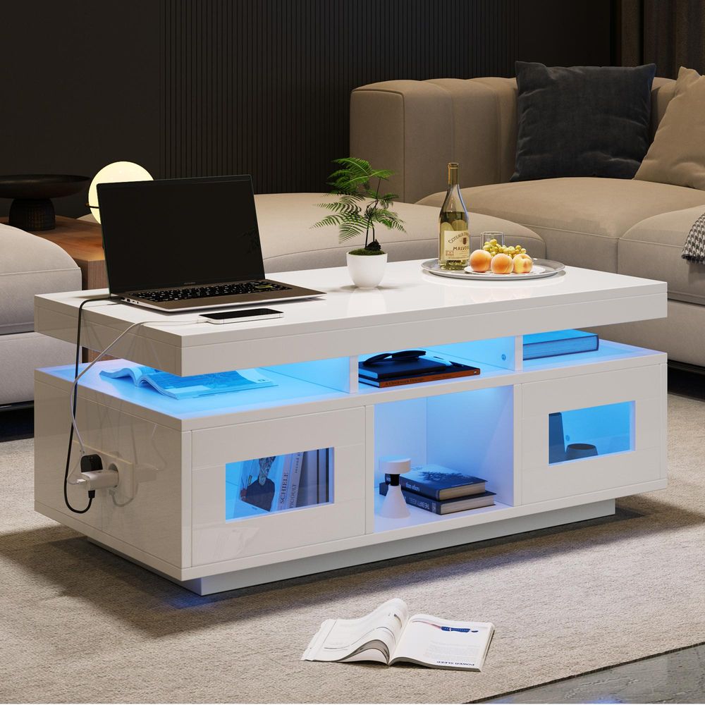 Merax Couchtisch Hochglanz Weiß, 100x50x43cm, LED-Tisch mit App-Steuerung, Schrank, USB & Steckdose, Modernes Wohnzimmer/Büro