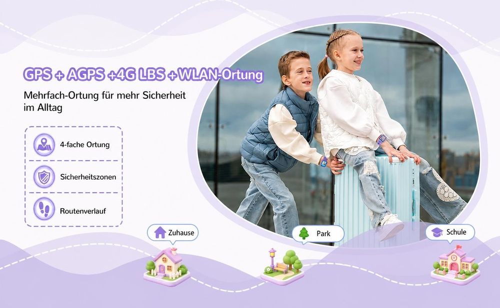 2026 4G Kinder Smartwatch mit GPS Telefon Video SOS für Jungen Mädchen Smartwatch 4-fache Ortung (GPS, WLAN, LBS, AGPS), Sicherheitszonen, Eltern App