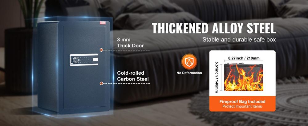 VEVOR Einzeltür 4,0 cu.ft Safe Box mit Schlüsselverschluss & Passwort, Safe Lock Box mit feuerfestem Beutel, Schlüsselablage, LED-Licht, 2 Regalen und 1 Schrank für Geld, Dokumente, Schmuck und Wertsachen, Schwarz, Passwort + Schlüssel-a, 99L