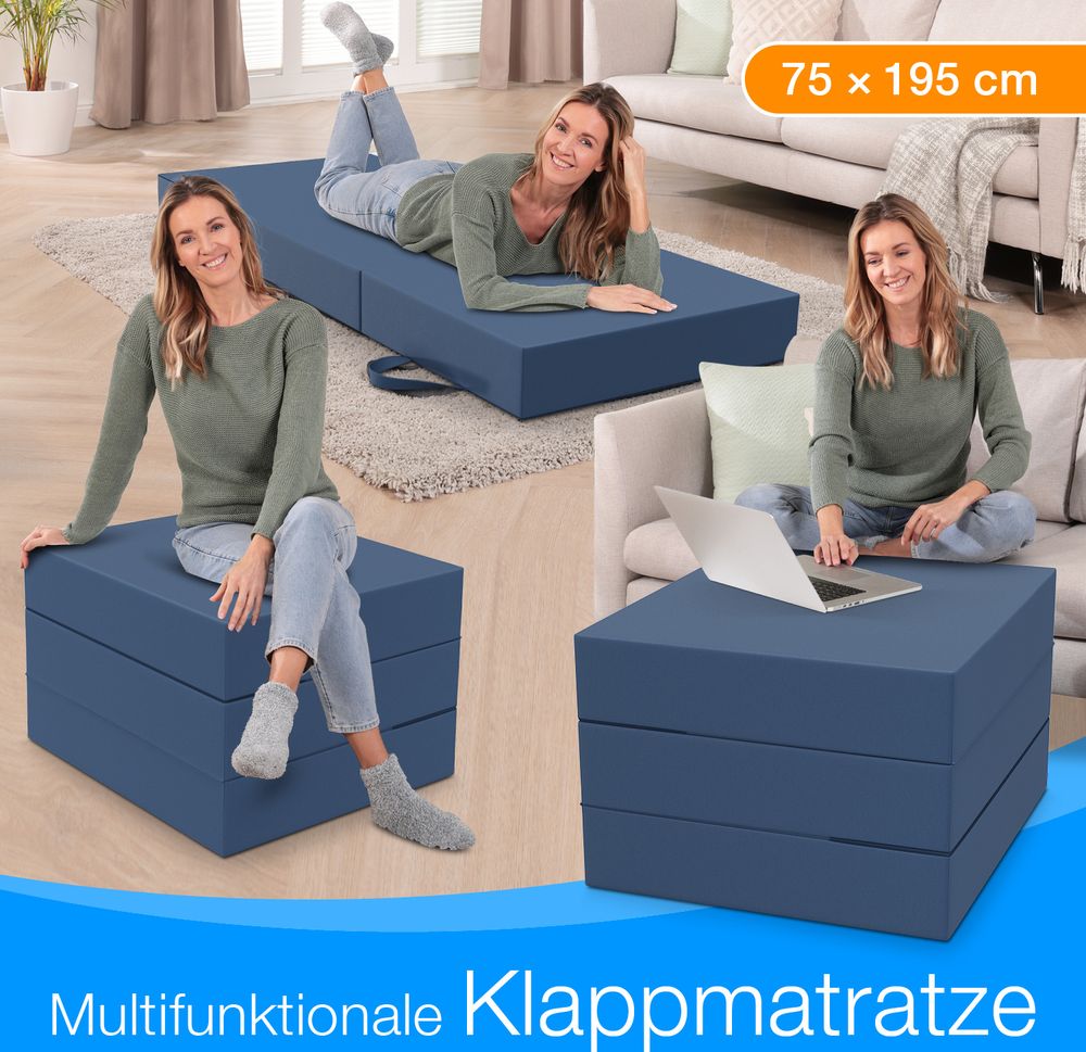 ELONEO Klappmatratze, Gästematratze, 3-teilige Faltmatratze, Schaumstoff extra dick(15cm), Bandscheibenwürfel, klappbar, faltbare Matratze, (Blau)
