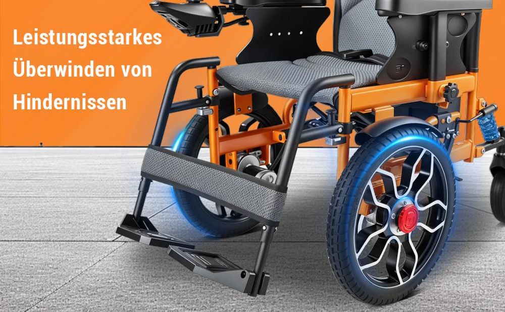 Elektrorollstuhl faltbar für Erwachsene und Senioren, 500W, 20 km Reichweite, 24V 12Ah Lithium-Akku, Joystick, bis 150 kg, mobiler E-Rollstuhl Orange