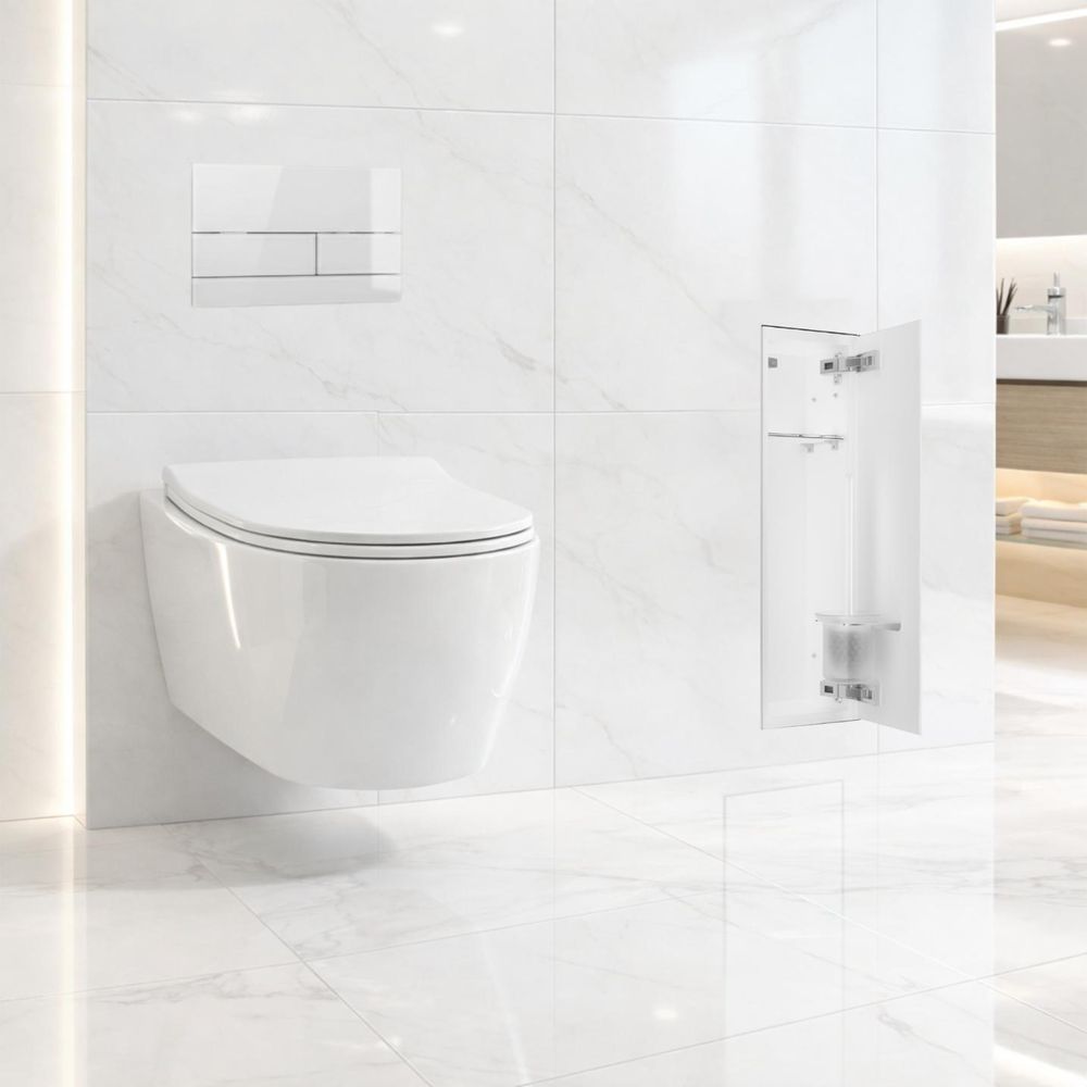 Unterputz-WC-Bürstenfach mit Glasfront und Push-to-Open-Mechanismus