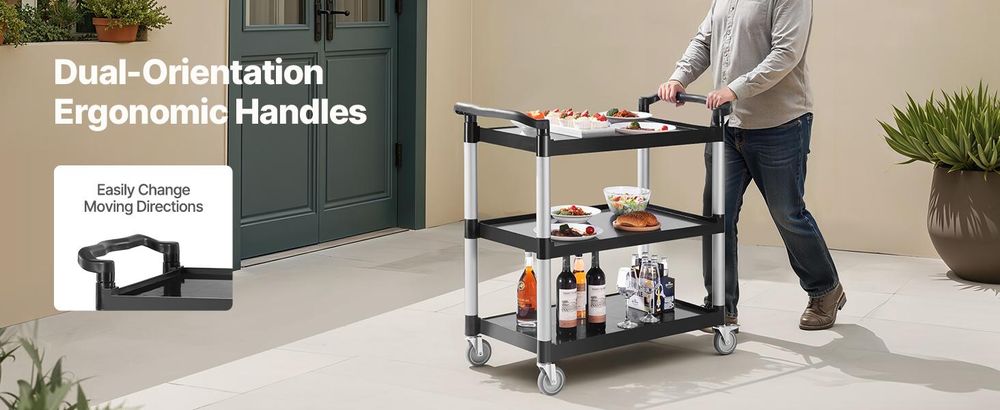 VEVOR Mehrzweckwagen, 226 kg Tragkraft, 3-stufiger Universalwagen aus Kunststoff mit 360° Schwenkrädern (2 mit Bremse), 106x49x98 cm großer Servierwagen für Lager, Büro, Zuhause, Restaurant, Küche