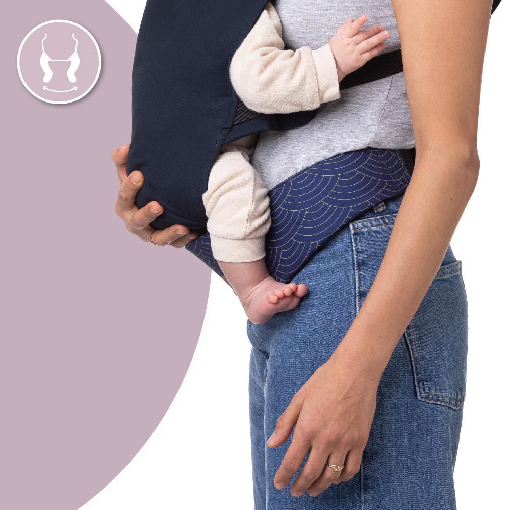 MoMi COLLET – Ergonomische Babytrage für vorne & hinten, verstellbar, bis 15 kg, physiologisch & rückenschonend, mit Kapuze & Tasche – Dunkelblau