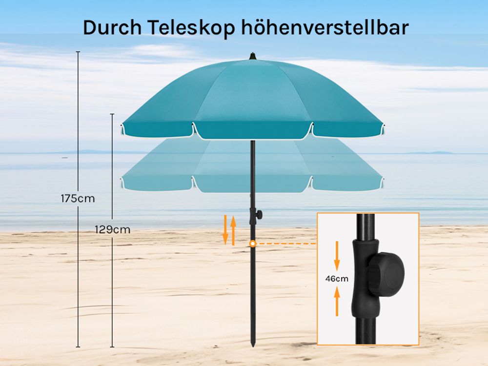 WOLTU Sonnenschirm Strandschirm UV-beständig, höhenverstellbar, 45° knickbar, rund, Blau 175cm