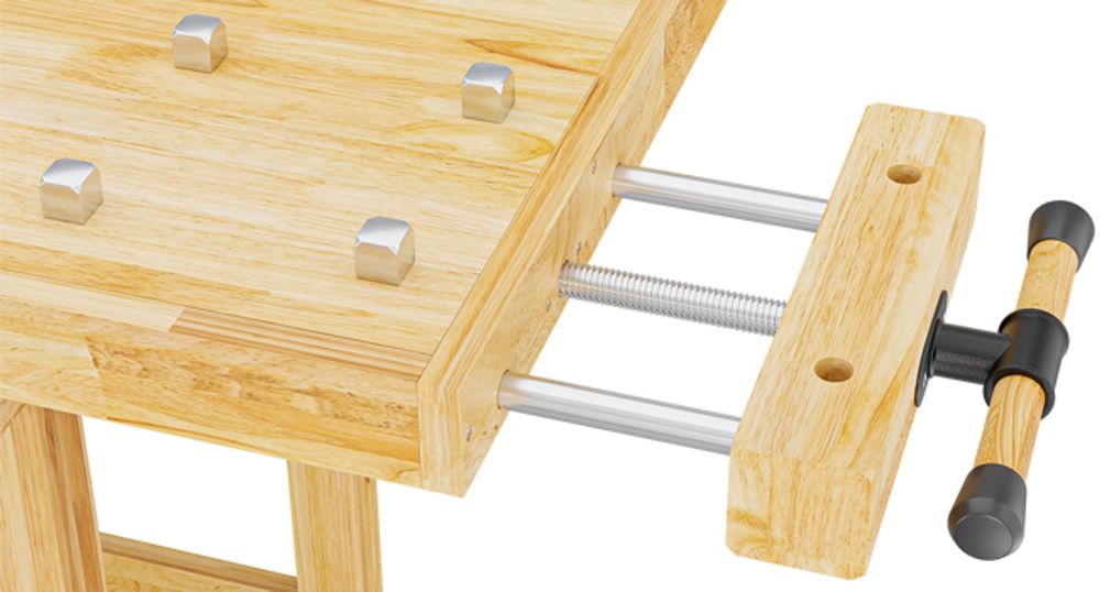 Wiltec Werkbank 151 x 61,5 x 86 cm aus Holz, Werktisch aus Rubberwood, Hobelbank bis 150 kg belastbar, Werkzeugbank mit Schublade und Spannzangen