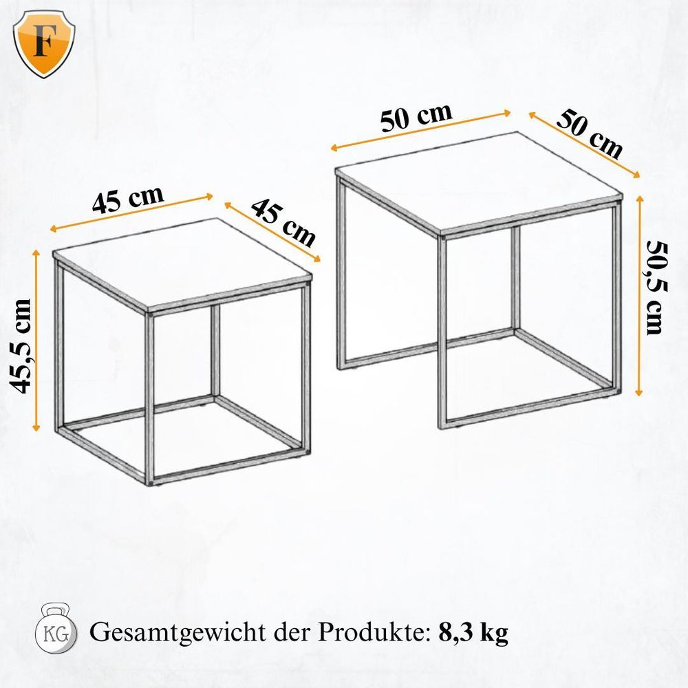 FORTENA Couchtisch 2er Set Quadratisch Weiß Schwarz – Modern Wohnzimmertisch Beistelltisch