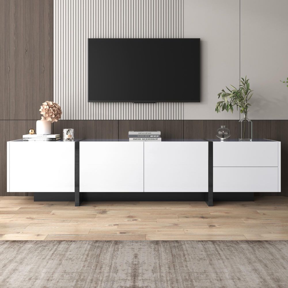 Merax TV-Lowboard Hochglanz weiß Fernsehschrank mit 2 Schubladen, Türen mit Regalen, TV-Board TV-Schrank, Breite:190cm