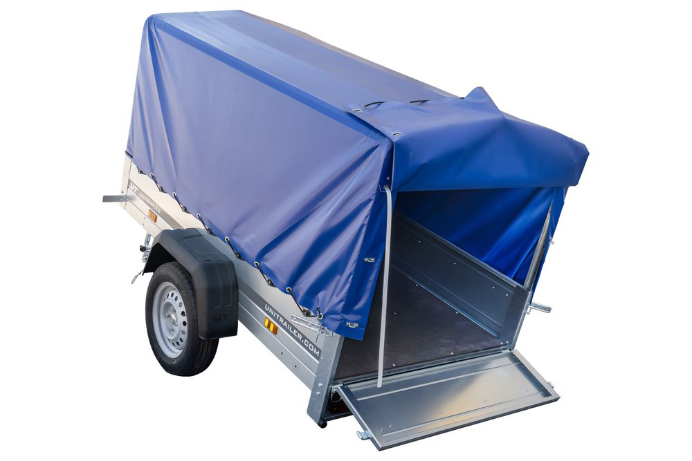 Anhänger Garden Trailer 200 KIPP 200x106 cm 750 kg [mit Hochspriegel, blauer Hochplane und Stützrad]