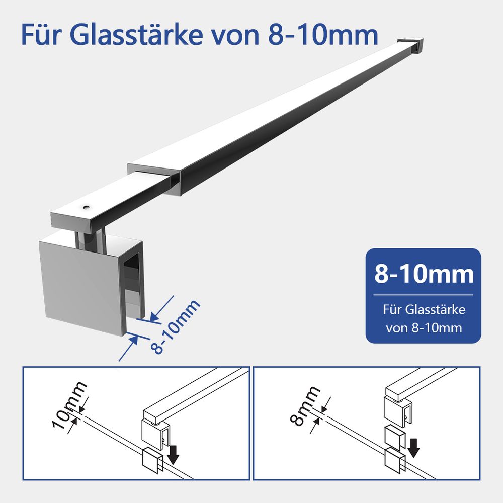 Heilmetz Stabilisator Stabilisationsstange für Duschwand Dusche Glaswand 70-120cm für Glasstärke 8/10mm Stabilisationsbügel Haltestange Chrom