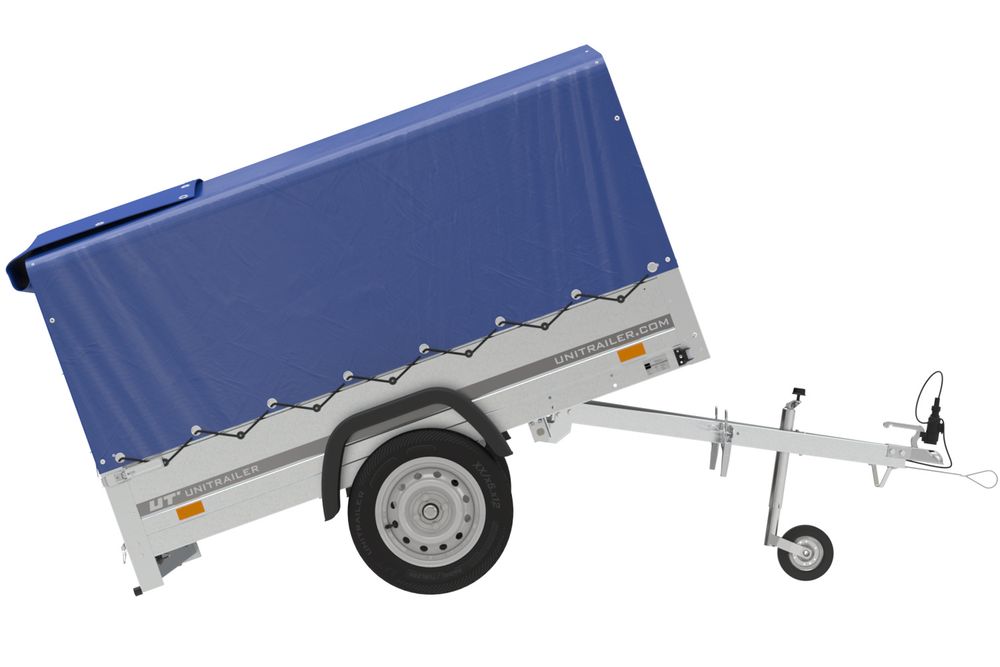 Auto Anhänger 230x125 Garden Trailer 230 KIPP Unitrailer 750 kg mit Stützrad, blauer Hochplane und Hochspriegel