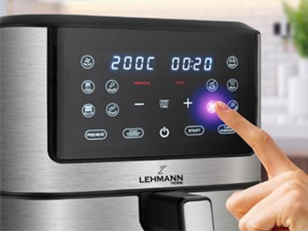 Lehmann 8L Heißluftfritteuse mit 10 Kochprogrammen, 1800 W Air Fryer mit Digitalem LED-Touchscreen und Timer, bis zu 200 °C, gesundes Essen ohne Öl