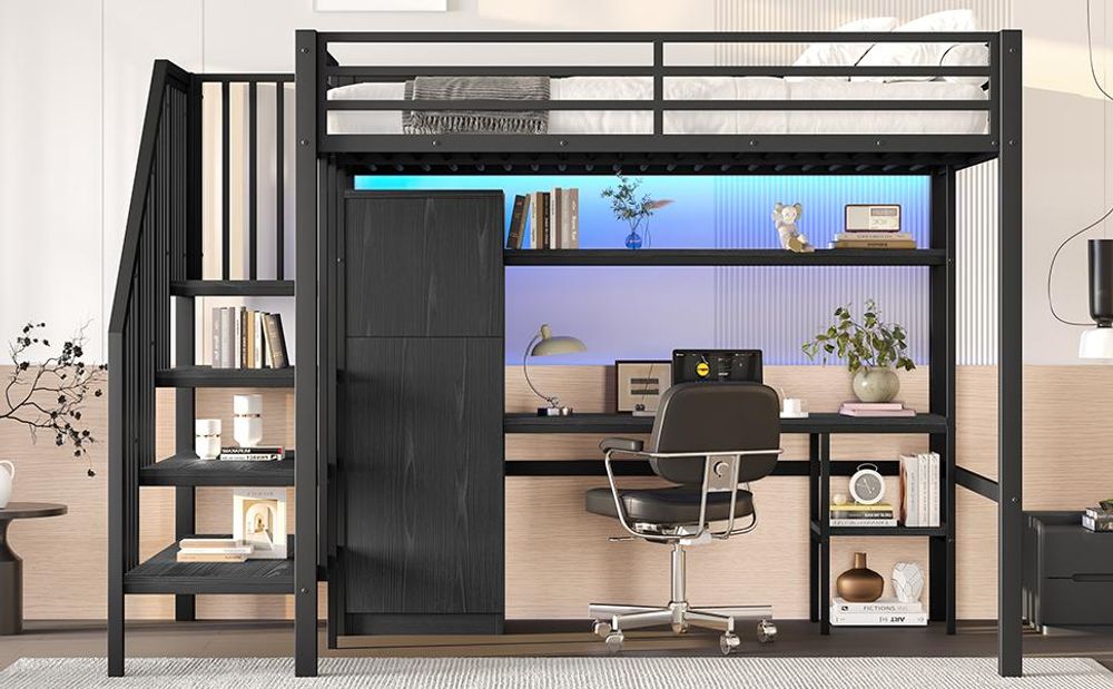 Merax Etagenbett Hochbett 140x200, mit Schreibtisch, Regal, Kleiderschrank, Stauraumtreppe, Eisenbett, Stockbett, Jugendbett, Einzelbett, Schwarz