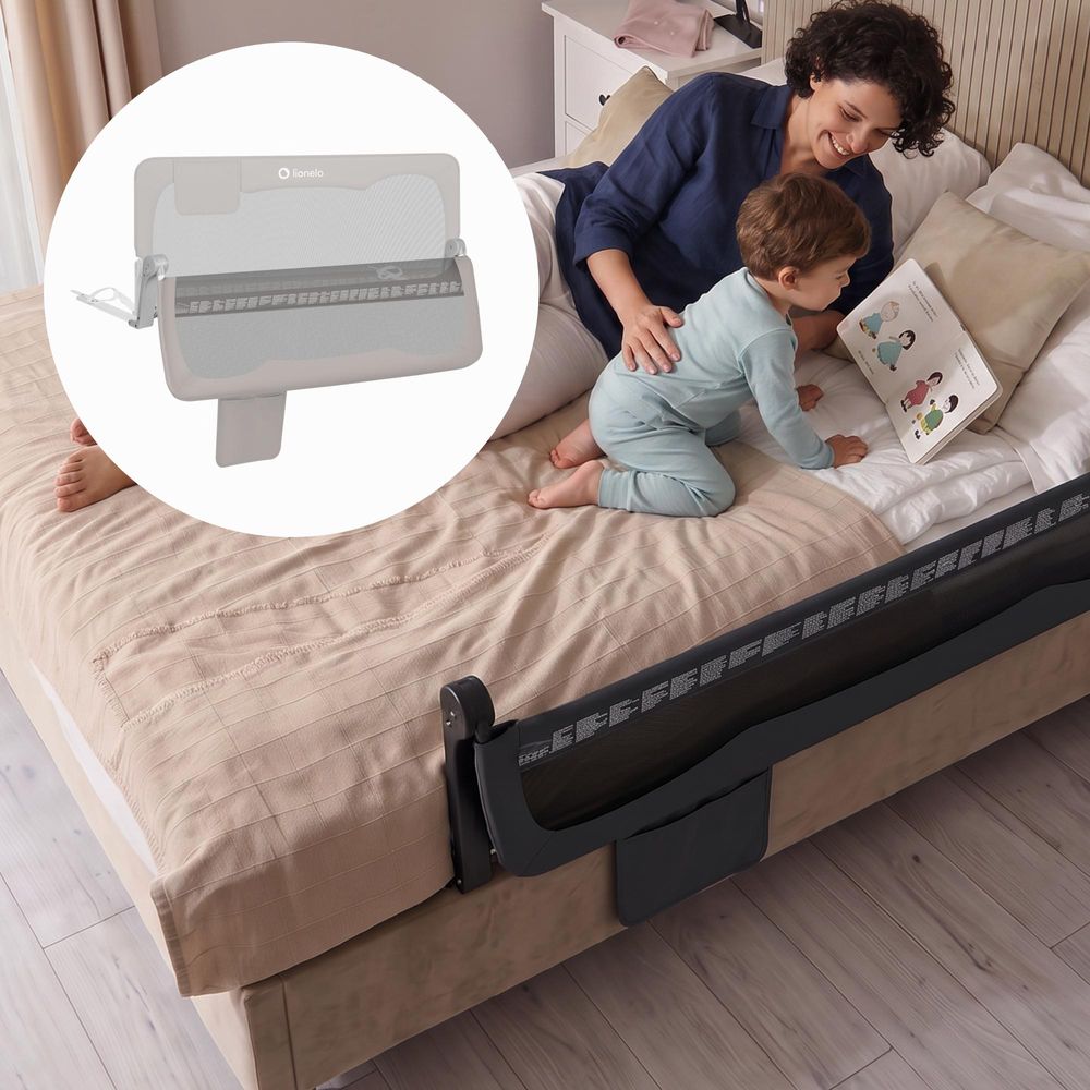 LIONELO Hanna Bettgitter Rausfallschutz 150 cm x 66 cm, zusammenklappbar um 180 Grad, luftiges Netz, einfache Montage, Standsafe-Blockade, SecureBelt, stabile Konstruktion