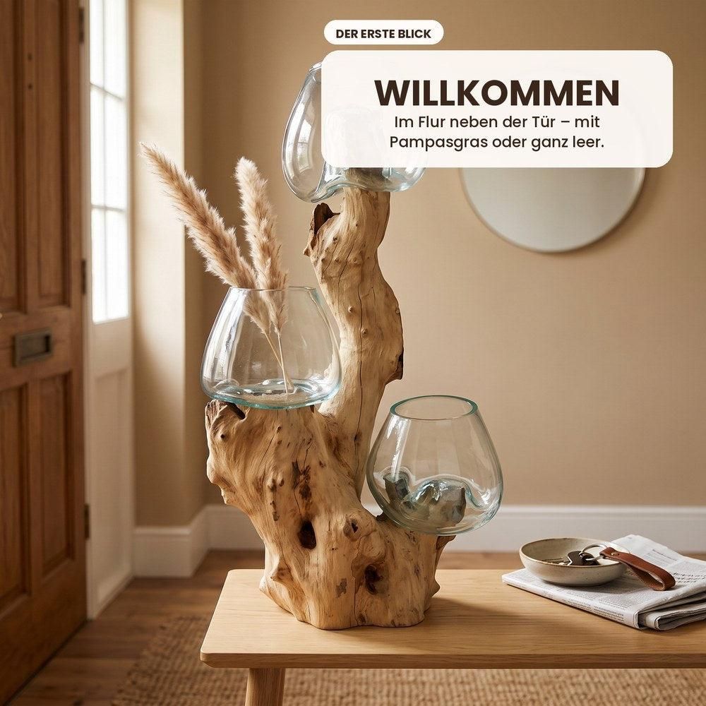 Wurzelholz-Skulptur mit 3 Glasgefäßen, ca. 55 cm: Mit Trockenblumen