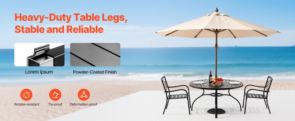 VEVOR Terrassentisch Gartentisch Balkontisch (1200 x 725 mm) aus Kohlenstoffstahl runder Esstisch für Outdoor Hof Terrasse Garten Veranda, wasserfest, mit 38 mm Schirmloch, 68 kg Tragkraft Schwarz