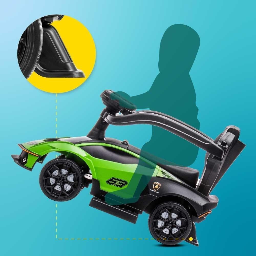 Zijaanzicht van de loopauto met anti-kantelsteun en silhouet van een zittend kind.