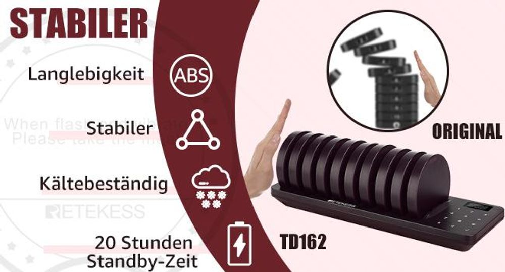 Retekess TD162 Drahtloses Anrufsystem, Restaurant Pager System, Stabile 10 Untersetzer, 32 Anrufmodi 250s Dauer 20H Standby, 400M Touchscreen Einfach zu Krankenhaus, Snack, Bar, Café