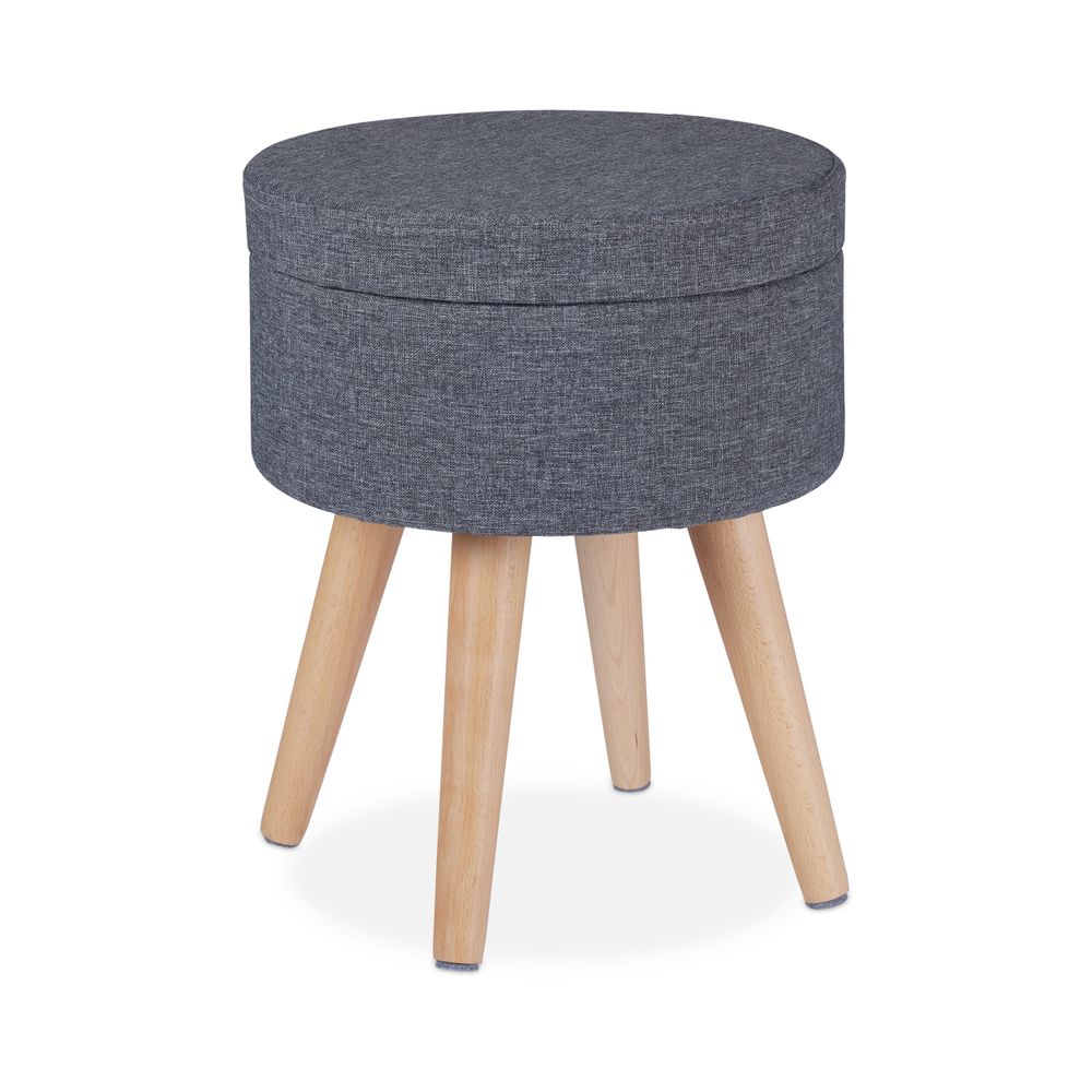 Relaxdays Sitzhocker mit Tischfunktion, gepolsterter Deckel, Stauraum, HxD: 45,5 x 37 cm, Stoff, Holzbeine, grau/natur