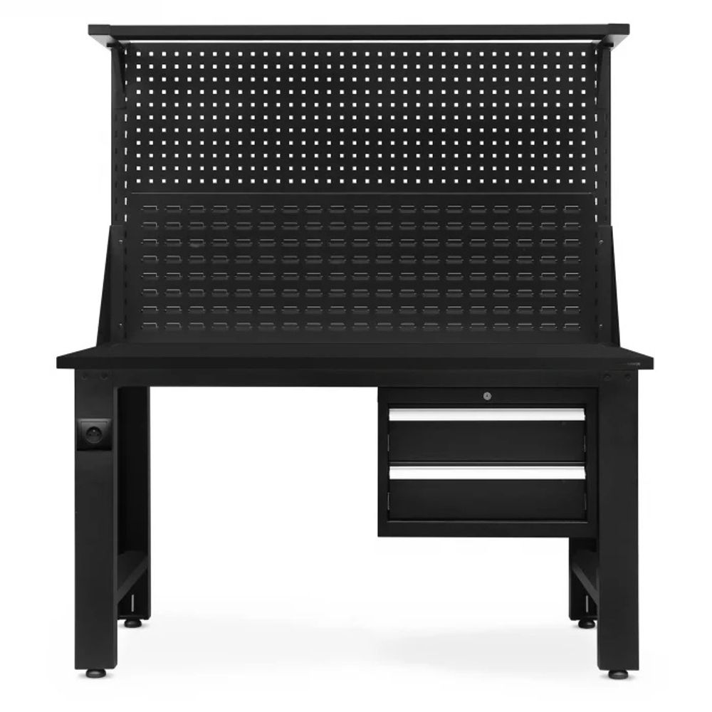 Werkbank mit Lochwand Werktisch Arbeitsplatte mit 2 Schubladen Metall, 150 cm x 170 cm x 75 cm, Farbe: Schwarz