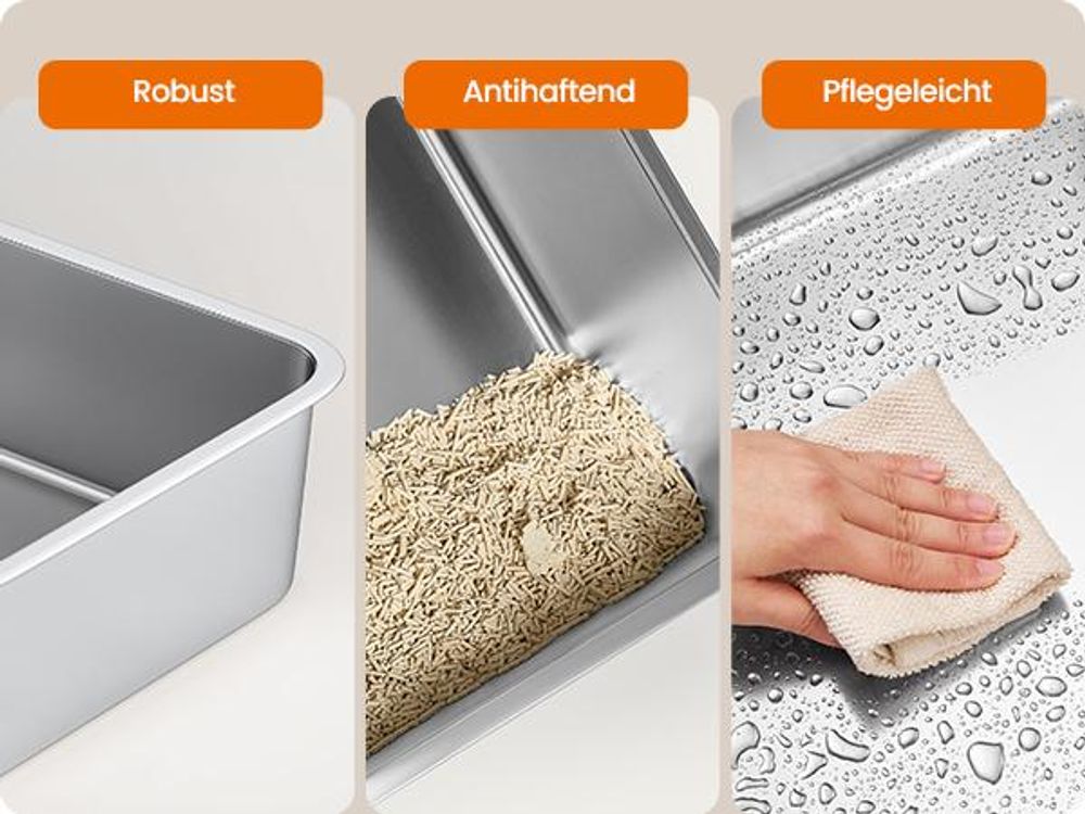 Feandrea Katzenklo Edelstahl, Katzentoilette, offenes Design, mit hohen Seitenwänden, Trittstufe, Schaufel, Bürste, für Katzen bis zu 15 kg