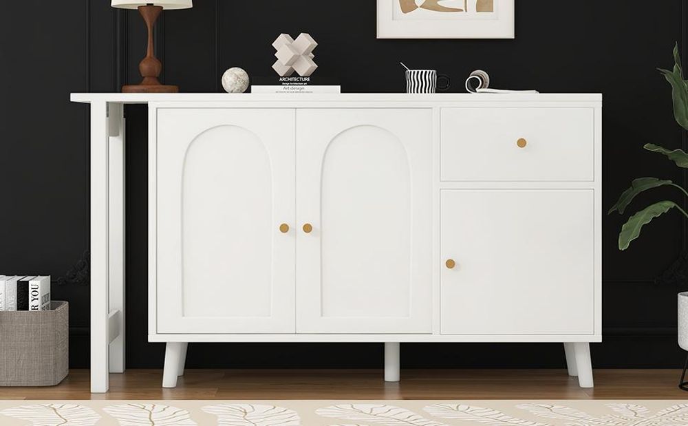 Merax Schreibtisch L-förmiger, Eckschreibtisch, 360° drehbar, Erweiterbarer Arbeitsplatte, mit 3 Türen, Schublade, Kommode, Bürotisch, Weiß