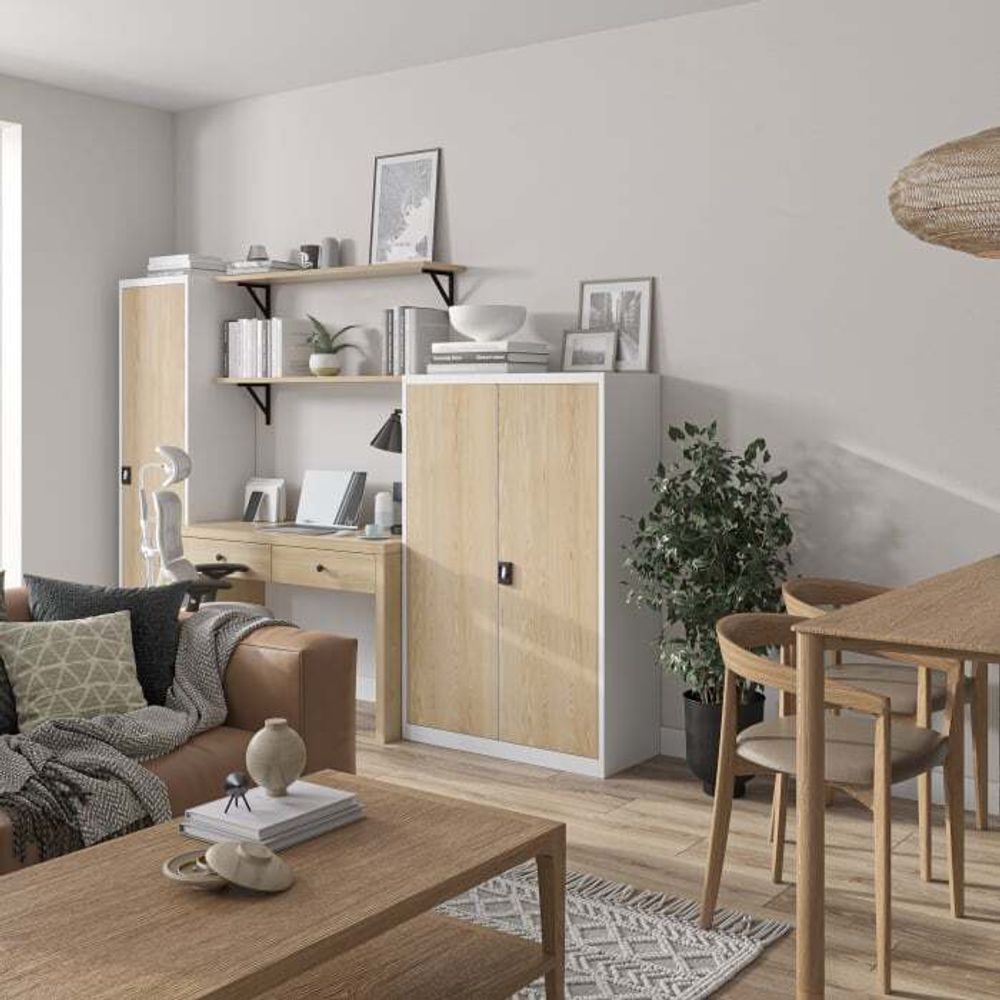 Aktenschrank Metallschrank Büroschrank Werkzeugschrank 3 Fachböden Stahlblech Flügeltüren Pulverbeschichtung 140 cm x 90 cm x 40 cm (weiß-holzoptik)