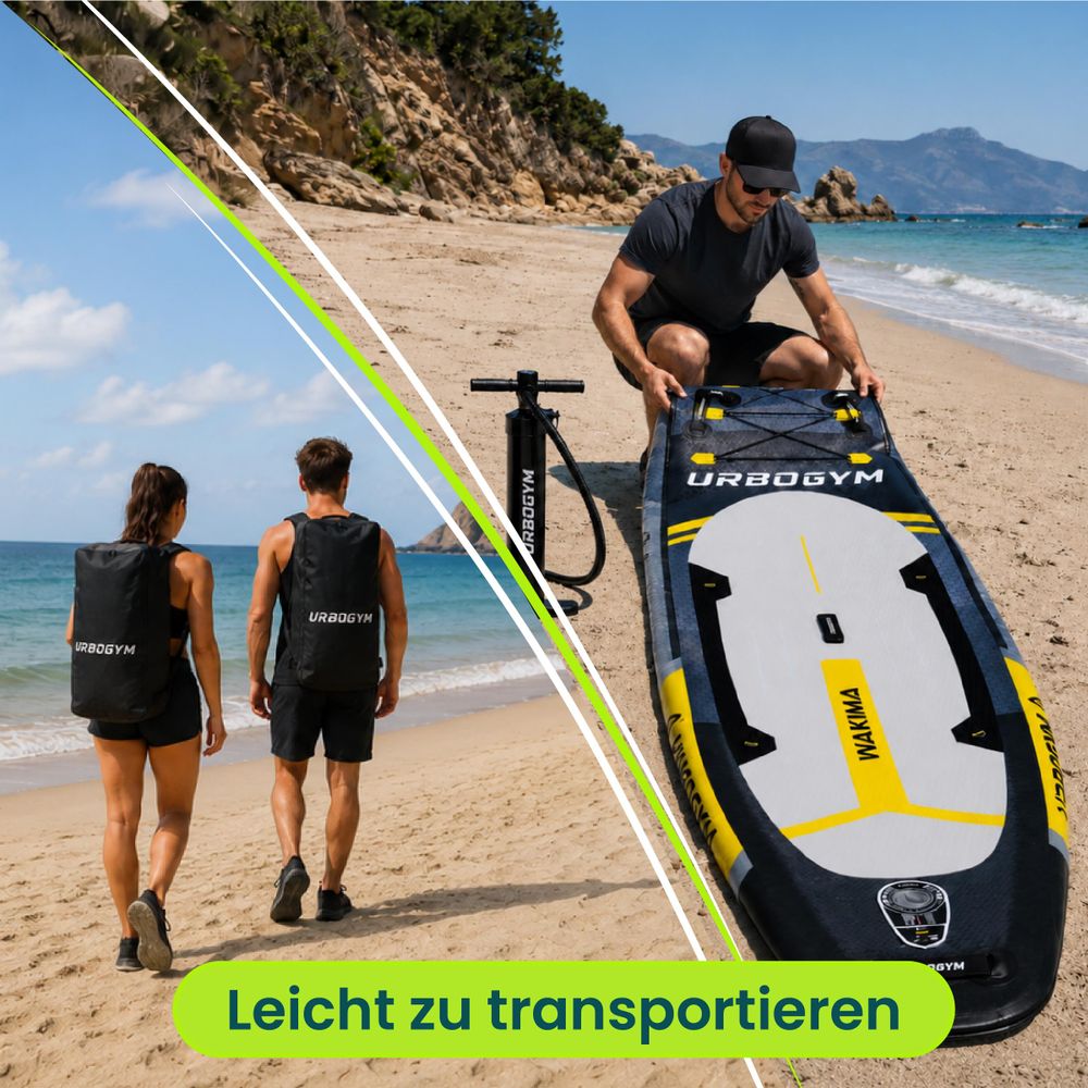 WAKIMA 350 SUP-Board mit fünf Tragegriffen und geräumigem Transport-Rucksack.