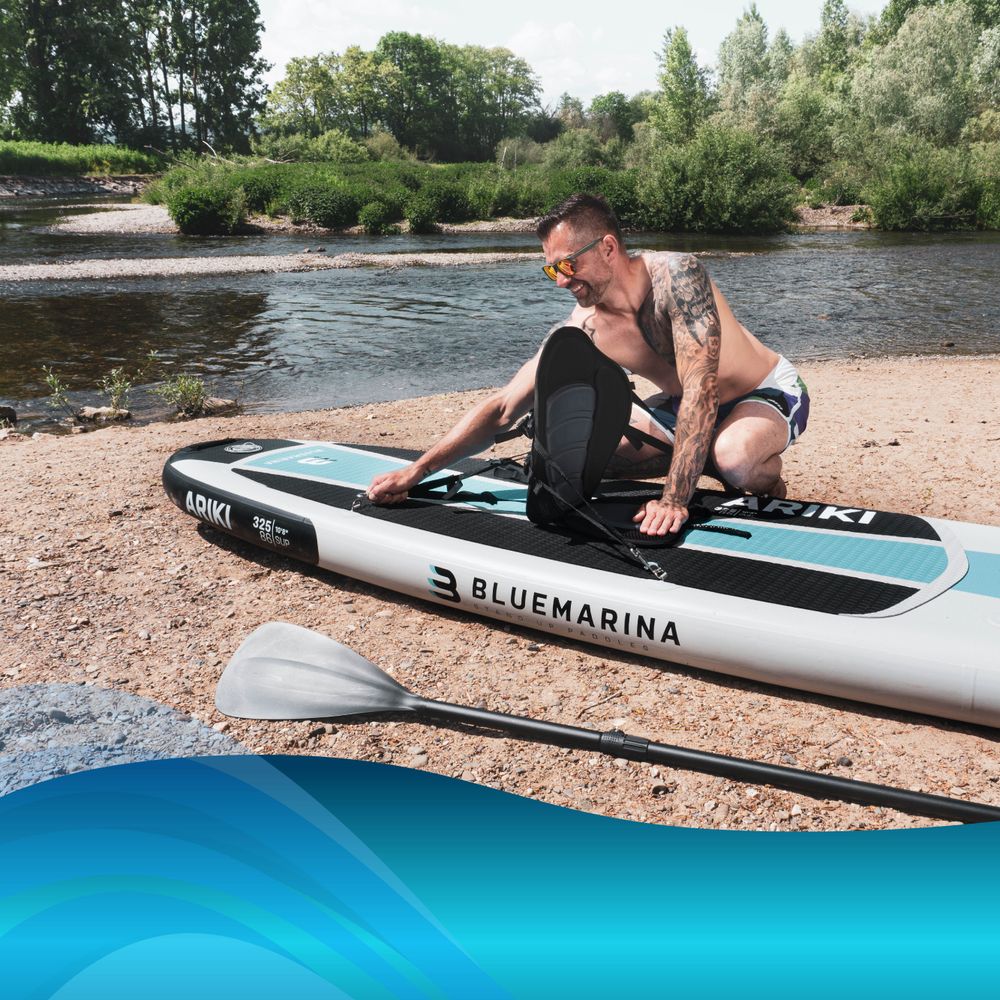 Bluemarina Kajaksitz | SUP Zubehör - Kajak Kanu Stand Up Paddle - inkl. Paddel - Surfboard Sitz - Polster - Rückenlehne - Für Modelle mit 4 D-Ringen