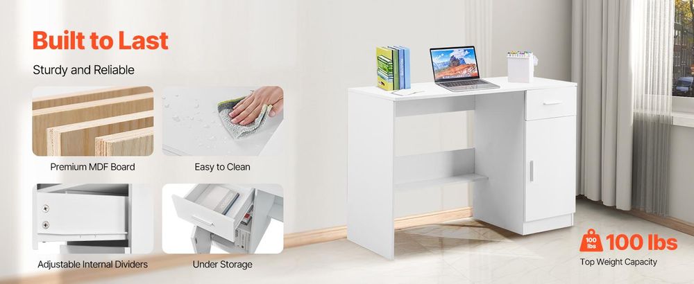 VEVOR Kleiner Schreibtisch mit Schublade, Kinderschreibtisch für das Schlafzimmer, Holz einfacher Studiertisch zum Zeichnen, Lesen, Schreiben, rechteckiger MDF-Studienlagertisch mit verstellbarem Regal für Zuhause, Büro, Weiß, Weiß (Seitenregal)