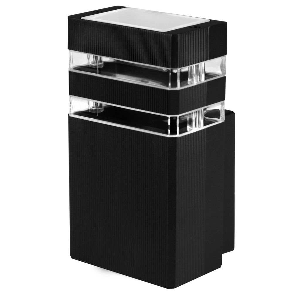 Moderne schwarze Außenwandleuchte mit klaren Einsätzen und rechteckigem Gehäuse.