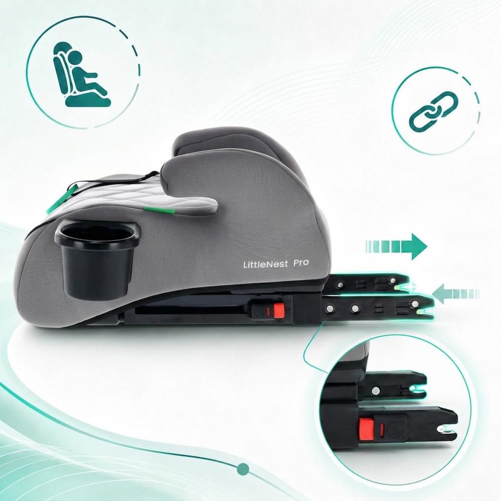 Podsedák, dětský podsedák, autosedačka, booster, dětská autosedačka, ISOFIX, 125–150 cm, držák na nápoje, LittleNestPro, šedá, Sun Baby