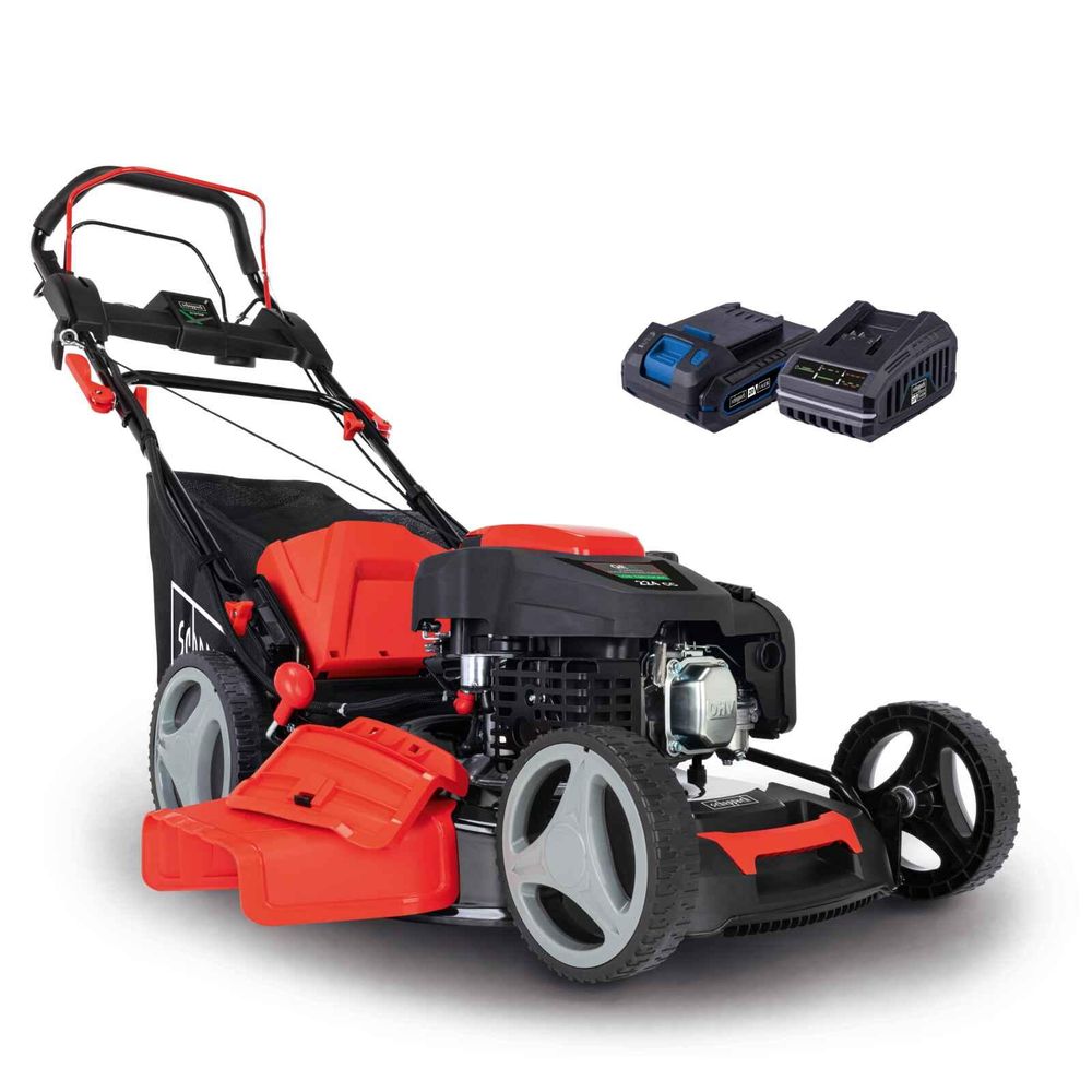 Scheppach MS225-53E Benzin Rasenmäher Elektrostart | Radantrieb | 6 PS | 53 cm Schnittbreite | 65 Liter Fangkorb | Reinigung | Mulchfunktion | Auswurf