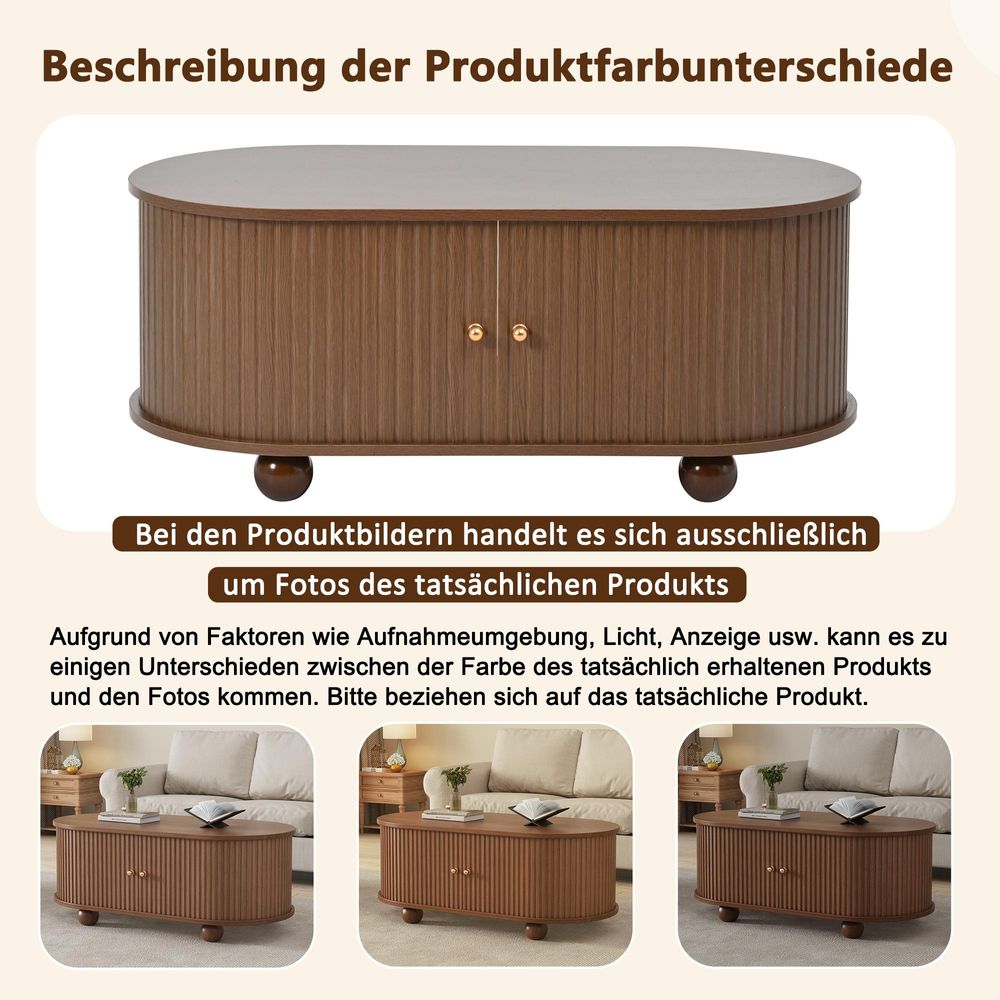 STILVORA Couchtisch mit 2 180-Grad-Schiebetüren,Sofatisch platzsparendes mit Stauraum,Ovaler Beistelltisch aus MDF,braun