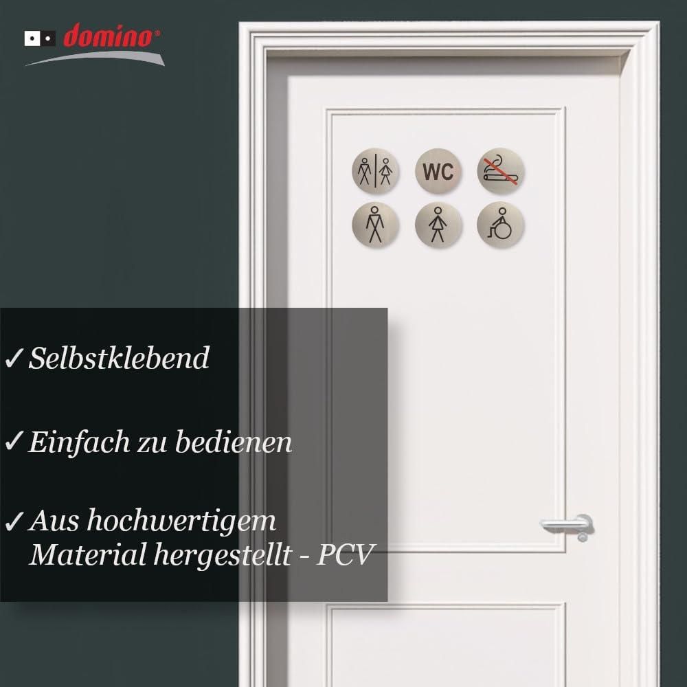 DOMINO WC Schild Selbstklebend 6,5 cm | Toilettenschilder WC | Türschild Gäste | Idealer WC Aufkleber | Toiletten Schild | WC-Schilder für Büros, Restaurants | Farbe: INOX