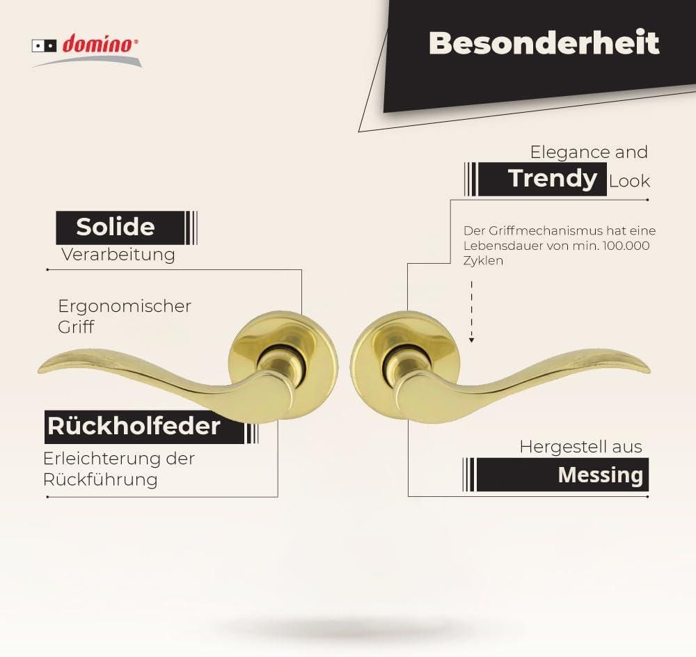 DOMINO Türgriff Drückergarnitur | Türklinke für Zimmertür, Bürotür, Kellertür & Innentür | Türbeschläge aus Messing |Messing Glänzend Türdrückergarnitur |VENUS-R M1