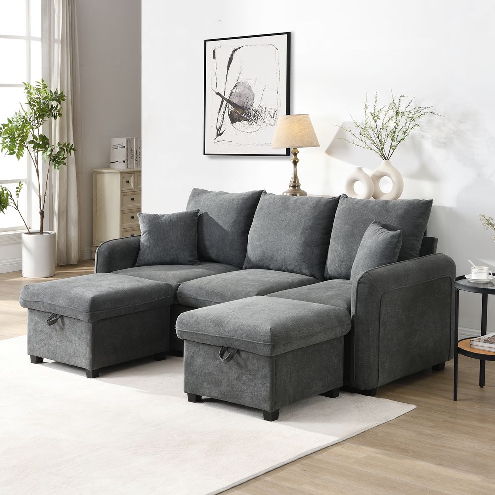 Merax Ecksofa U-Form mit Schlaffunktion und Stauraum, Dreisitzer Sofa-Set mit 2 Hocker – Chenille-Stoff, Metallrahmen, Modular Kombinierbar, Grua