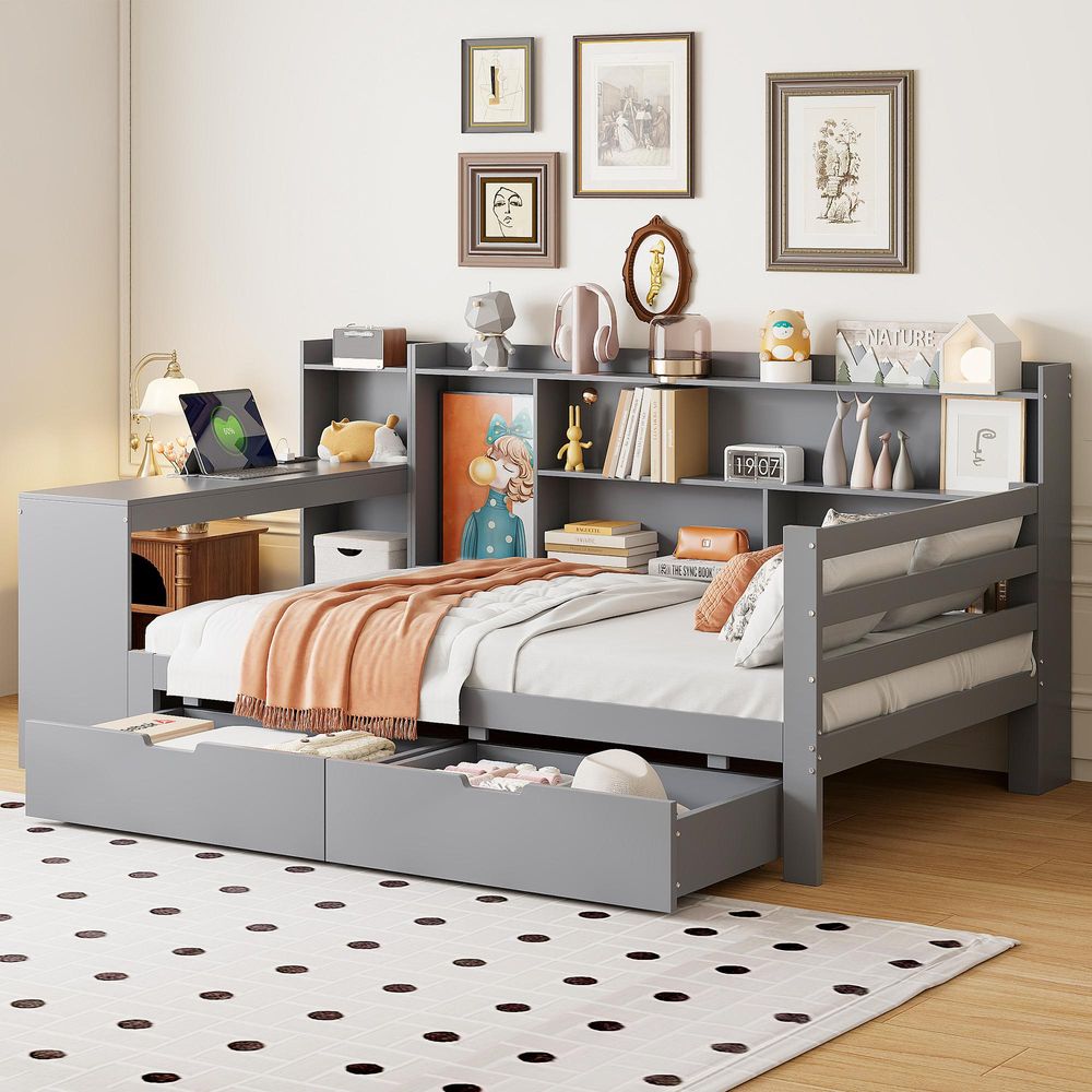 Merax Tagesbett 90x200 cm mit 2 Schubladen, Multifunktions-Schlafsofa mit Schreibtisch, Kinderbett aus  Massivholz mit USB-Steckdose, Grau